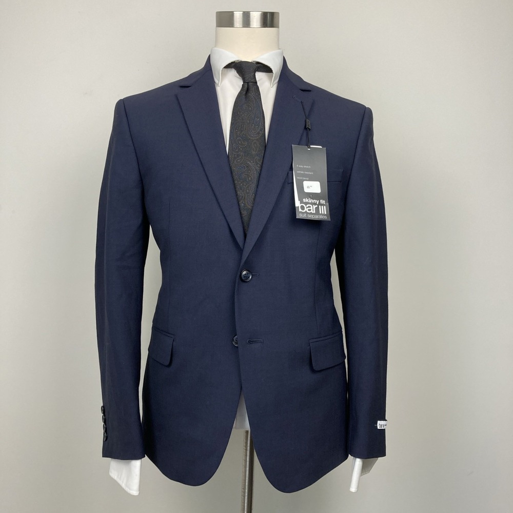 Bar III Men's Skinny-Fit Suit Jacket Navy Blue Wool Blend 44S